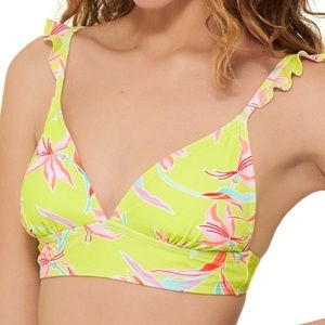 Ninety-Nine Degrees Ruffle Strap Triangle Bikini Top Jr XL Green Pink Floral NWT